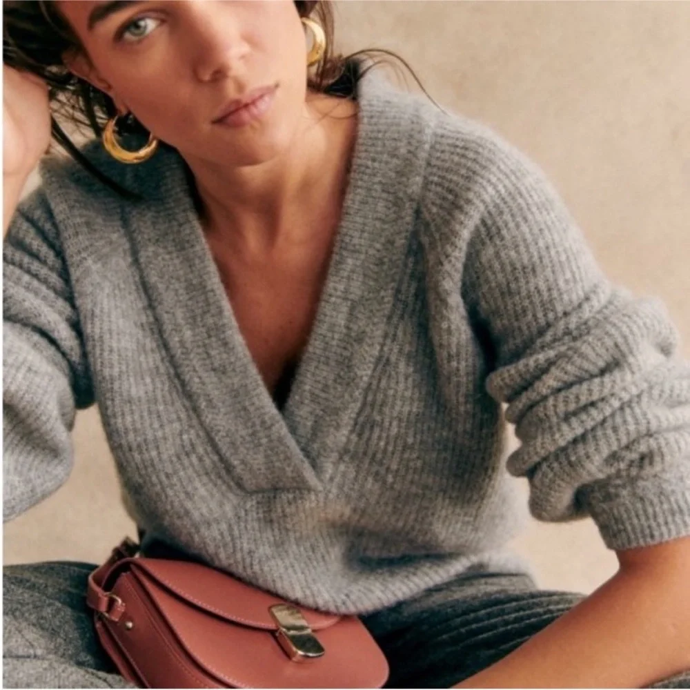 Sezane Small Cody V Neck Sweater Jumper Gray Baby Alpaca - Picture 4 of 12